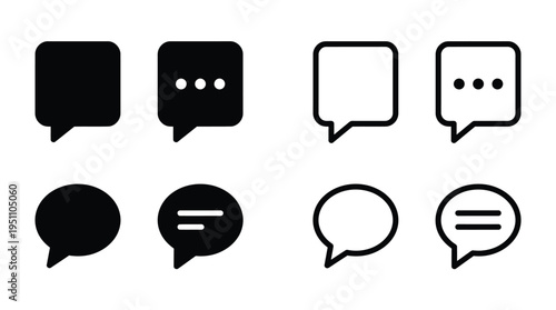 Four pairs of black and white speech bubbles depicting conversation messaging and communication silhouette