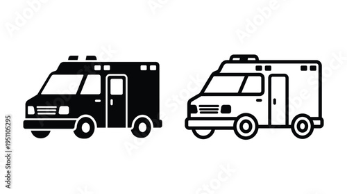 Two depictions of an ambulance vehicle showcasing different stylistic variations a silhouette