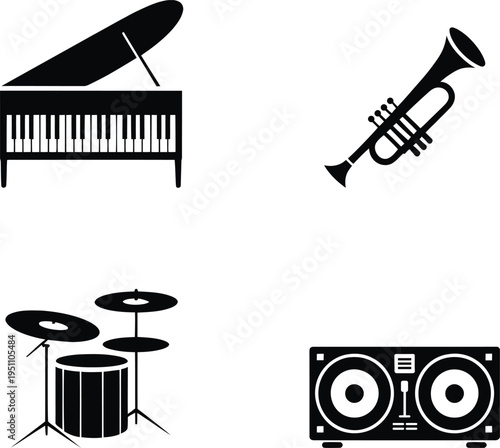 Black and white music instruments piano trumpet drum set