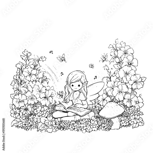 Little girl sitting in a garden surrounded by flowers and butterflies reading a book