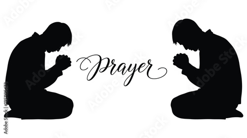 Two individuals in a kneeling prayer position with ornate text a striking silhouette