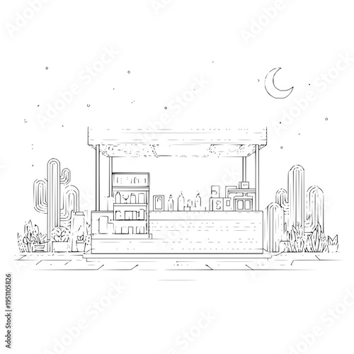 Desert nighttime bar with cacti and crescent moon outdoor drinks stand with shelving and counter