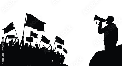 A protest scene depicting a speaker addressing a crowd with waving flags a bold silhouette