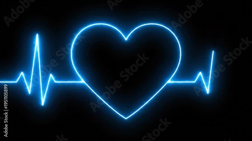 Vibrant blue neon heartbeat line forming a glowing heart shape on a dark