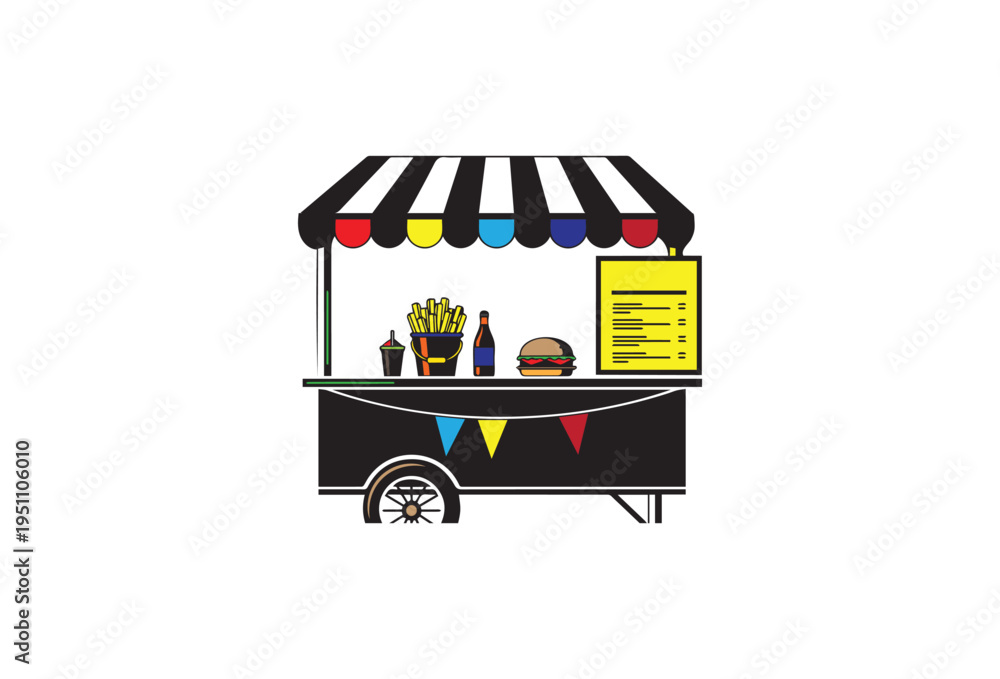 Obraz premium Vector illustration of a food cart with striped awning