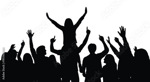 A joyful crowd raises their hands in celebration creating a dynamic silhouette