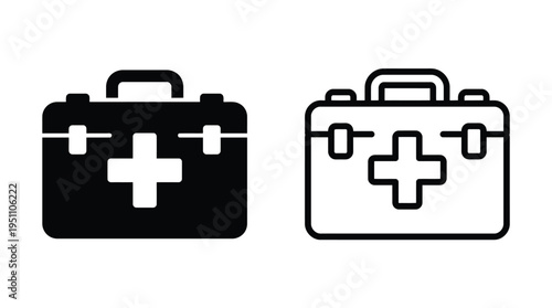Two medical cases one solid black and one outlined display a prominent cross symbol silhouette