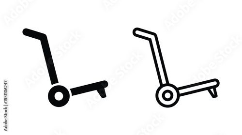 Two hand trucks are depicted in a simple graphic style a black silhouette