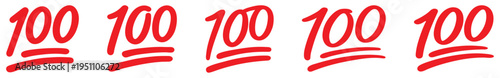 100 points icon set with handwritten hundred, score, rating, check mark, approval, exam result, feedback, grade symbols. Red 100 sign styles, hundred, 100, vector
