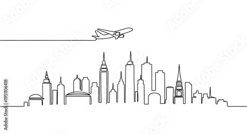 A continuous line drawing depicts a city skyline with an airplane a minimalist silhouette