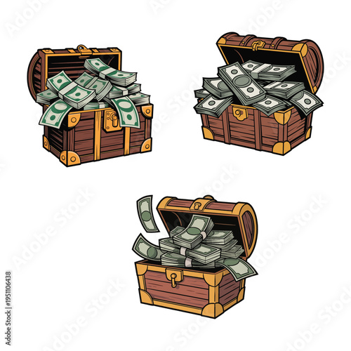 Open wooden treasure chest overflowing with money stacks cartoon style vector design