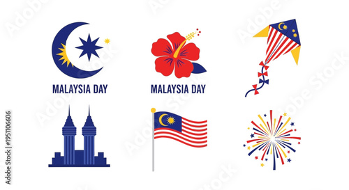 Collection of six blue red and yellow graphic icons celebrating Malaysia Day