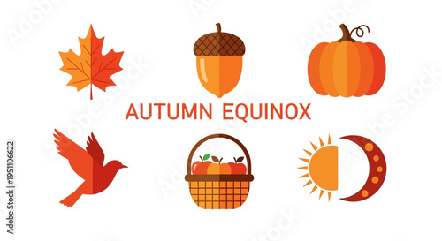 Flat icon set illustrating elements of the Autumn Equinox with central text