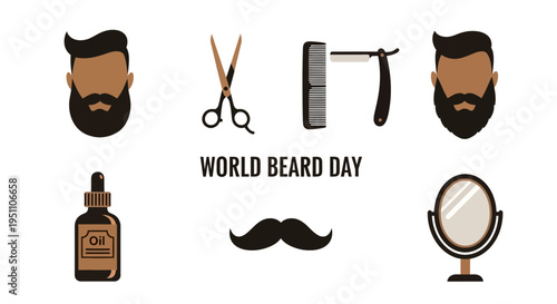 Flat vector illustration for World Beard Day featuring grooming tools and bearded faces