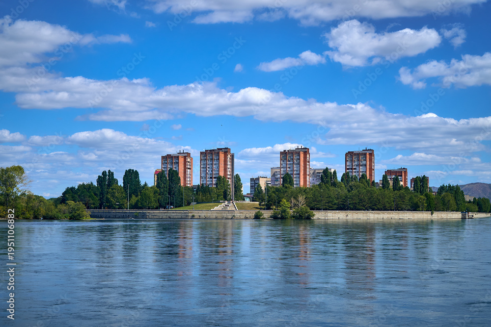 Obraz premium Beautiful panoramic aerial drone view to the confluence of the rivers Irtysh and Ulba in Oskemen, UST-KAMENOGORSK, KAZAKHSTAN (QAZAQSTAN)