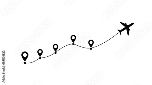 A plane follows a dotted path marked by location pins a travel concept silhouette