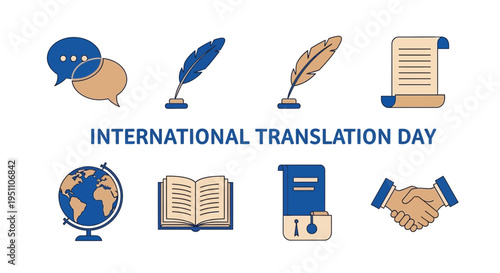 Graphic displaying eight icons related to translation and text centered around INTERNATIONAL TRANSLATION DAY
