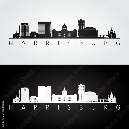 Harrisburg, PA skyline and landmarks silhouette, black and white design, vector illustration.  
