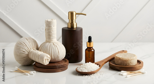 Natural Spa and Wellness Products on White Marble Background