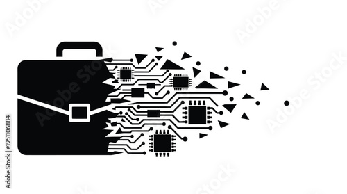 A briefcase disintegrating into digital components representing data loss or transformation silhouette