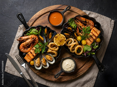 Delicious Assortment of Grilled Seafood and Salmon in Cast Iron Pans