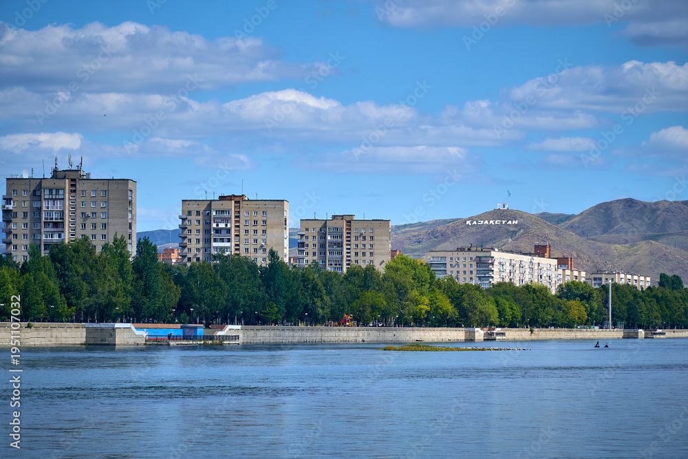 Fototapeta premium Beautiful panoramic aerial drone view to the confluence of the rivers Irtysh and Ulba in Oskemen, UST-KAMENOGORSK, KAZAKHSTAN (QAZAQSTAN)