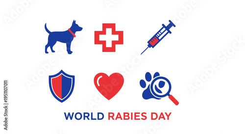 Graphic icons for World Rabies Day featuring a dog medical cross syringe shield heart and paw print