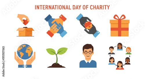 Graphic icons illustrating various acts of charity and giving under a central text title