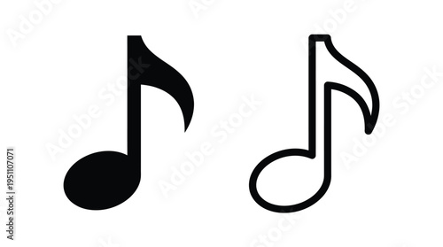 Two musical notes one solid and one outlined displayed against a white background silhouette