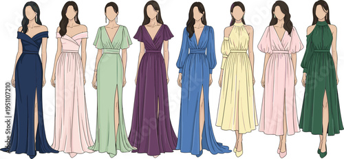 Elegant Bridesmaid Dresses in Various Colors and Styles Featuring Off Shoulder V Neck and Lantern Sleeves for Wedding Party Fashion Illustration