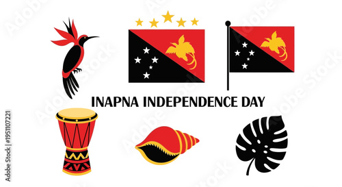 Graphic set for PNG Independence Day featuring flag bird drum shell and leaf