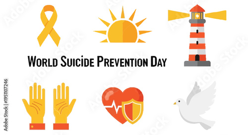 Graphic with six icons and text World Suicide Prevention Day centered