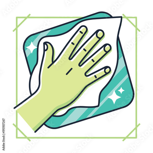 Hand wipes surface with colorful cloth in cleaning illustration