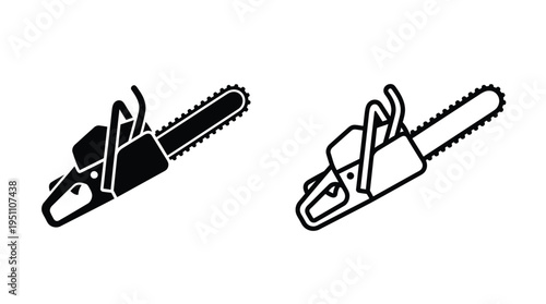 Two depictions of a chainsaw one solid and one outlined presented in a minimalist style silhouette