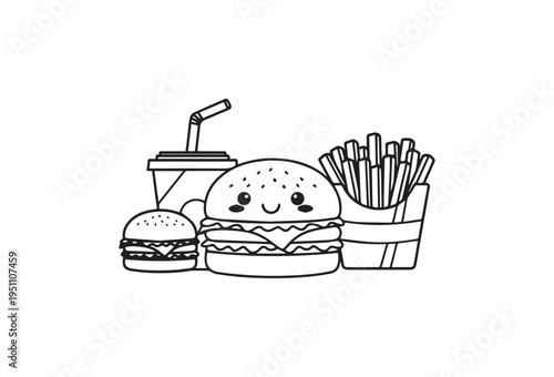 Vector illustration of fast food set with burger, fries, and soda