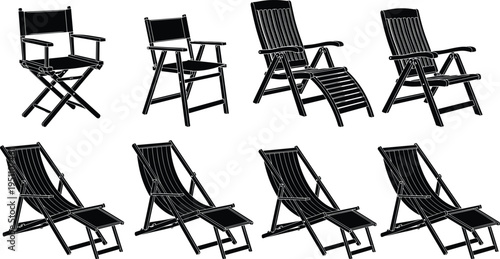 Black silhouettes of various folding chairs, deck chairs, and directors chairs for outdoor patio, beach, and garden relaxation, vector illustration, isolated.