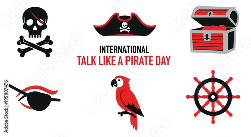 Piratethemed graphics surrounding central text celebrating International Talk Like a Pirate Day