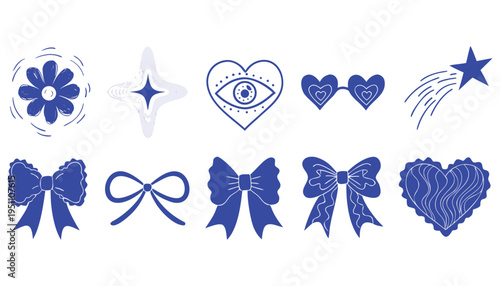 Decorative blue including bows hearts stars and flowers on white background