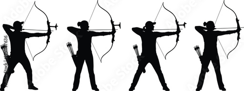 Archery silhouettes set, male and female archers aiming bows with arrows, professional sports competition, hunting equipment, outdoor hobby vector illustration.