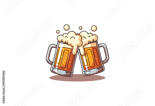 Vector illustration of two clinking beer mugs with foam