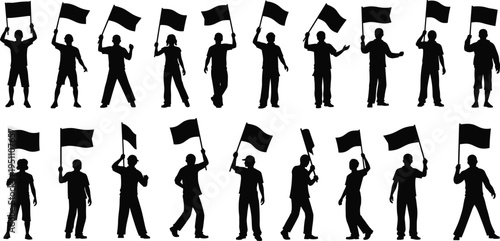 People holding flags silhouettes bundle, group of protestors or sports fans celebrating, activists with blank banners and flags vector illustration.