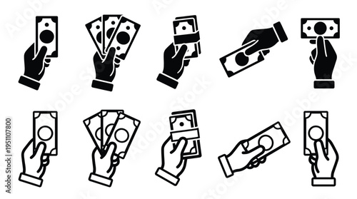 Various hands exchanging or holding money in a simple graphic style silhouette