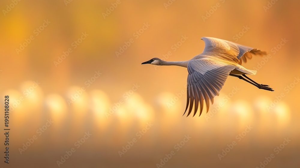 Obraz premium determinedly. A leading bird flying ahead of the flock against a sunrise sky. wildlife magazines, conservation campaigns, designed for nature documentaries and education, used by web designers.