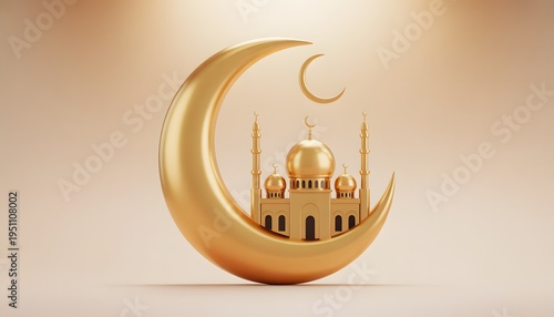 Golden Moon with a Mosque: A 3D render of a beautiful golden mosque nested inside a crescent moon, radiating serenity and spirituality. The design is simple, elegant, and full of faith. 