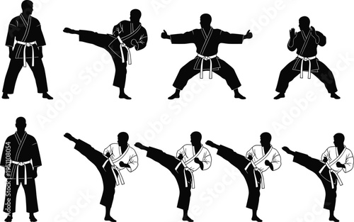 Black silhouettes of karate fighters in traditional gi uniforms, martial arts stances, high kicks, and combat poses, isolated vector icons set.
