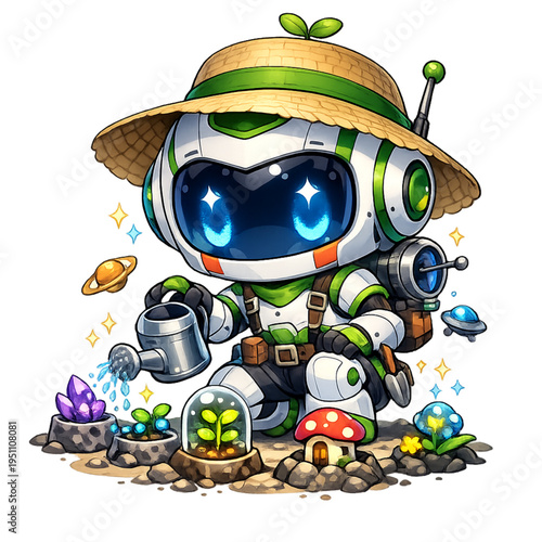 robot gardener, space plants, robot tending alien garden, futuristic gardening concept, sci fi robot illustration, cosmic greenhouse, extraterrestrial plants, cute robot gardener, space bot with water