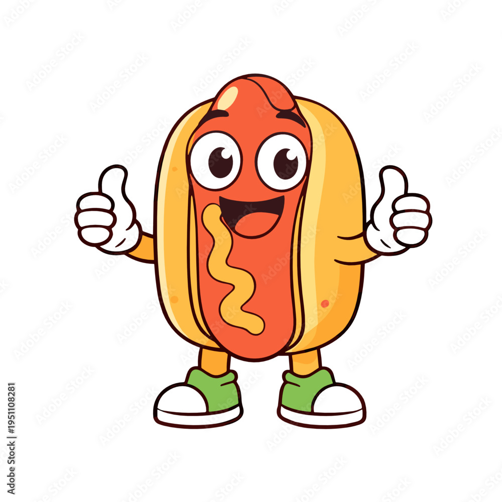 Obraz premium Smiling hot dog mascot giving two thumbs up in a cheerful pose. Classic street food character vector for fast food branding, snack packaging, menus, stickers and event ads.