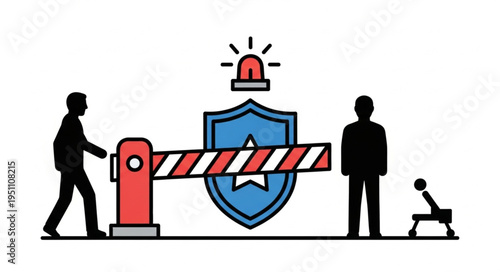 Security barrier with police shield and people illustration.
