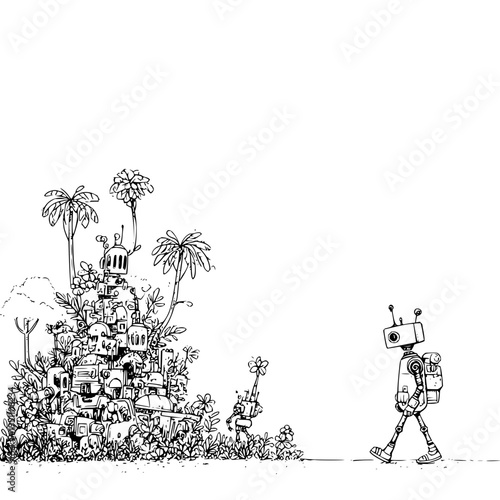 Robot walks towards a lush futuristic cityscape with palm trees and a mix of old and new architecture in a black and white illustration