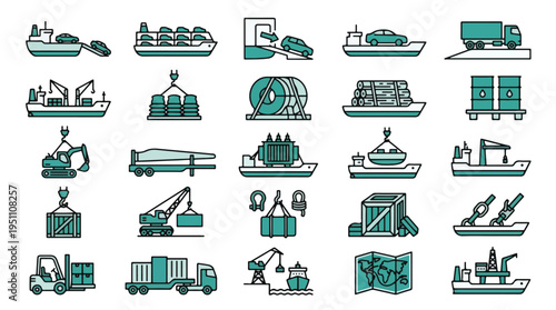 Military and defense icon set. Strategy, logistics, global cooperation, peacekeeping, defense technology, security, intelligence, mission planning, digital warfare, teal line art vector icon